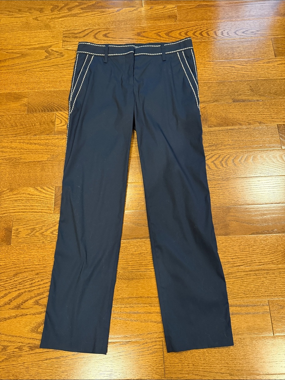 Prada Women’s Navy Cotton Chinos with White Contrast Stitching